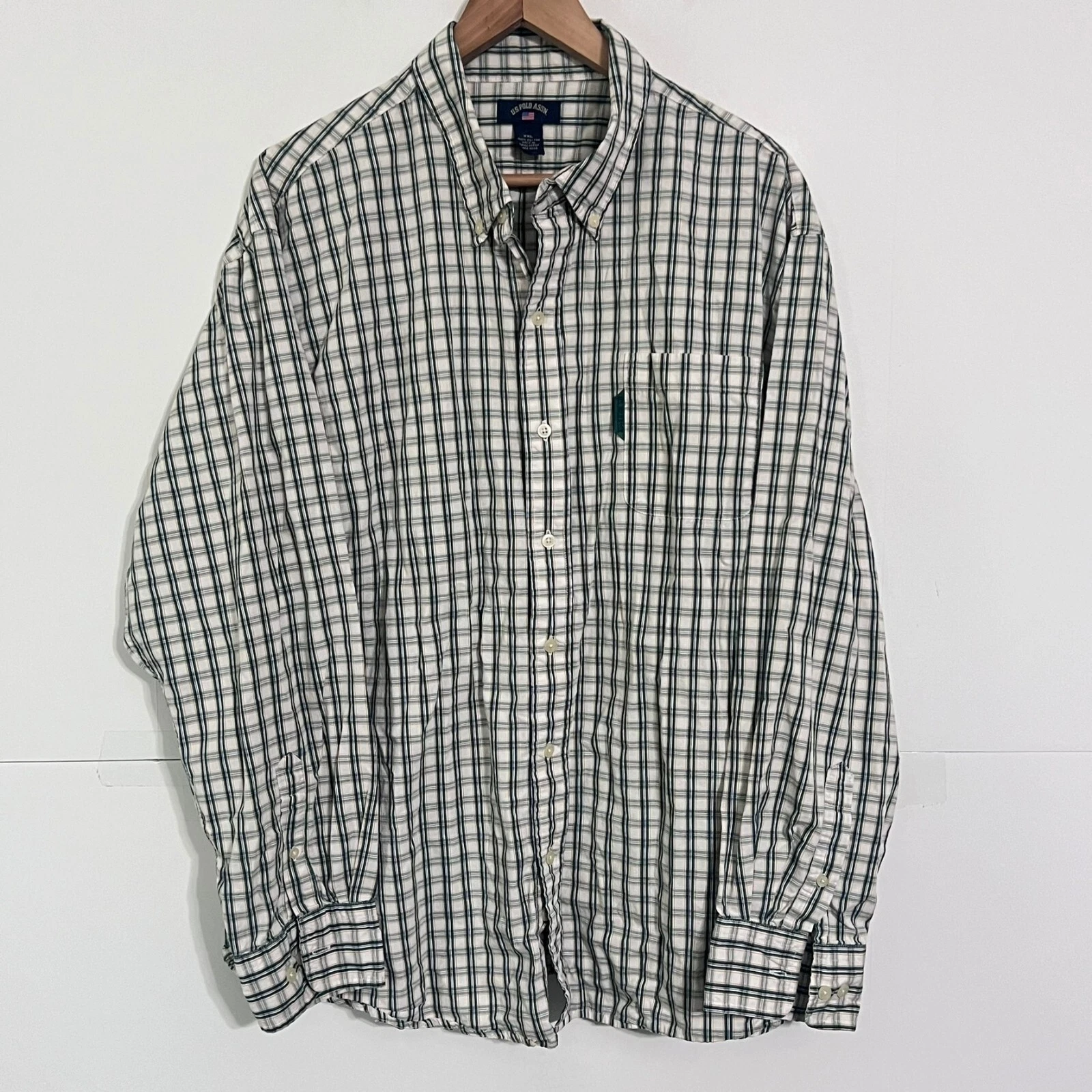 Us Polo Assn Mens Shirt Size 2XL Green White Plaid Lightweight Woven Button Up