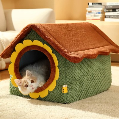 Winter Sonnenblumenhaus für Welpe Kätzchen, waschbar warm Hund Katzennest Höhlenhaus f