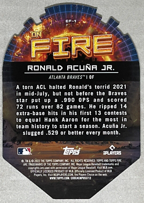 Carte Topps Fire 2022 Ronald Acuna Jr. #1 Gold Minted Foil – Atlanta Braves