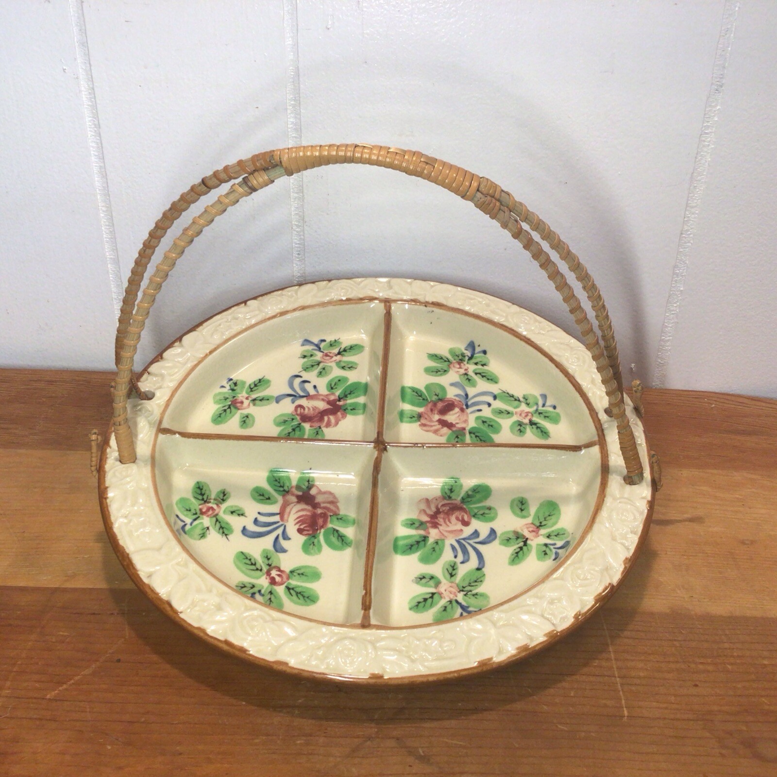VTG. @ 1954,TASHIRO SHOTEN, 4 Section, Ceramic Platter/Tray, Handle,Floral Motif