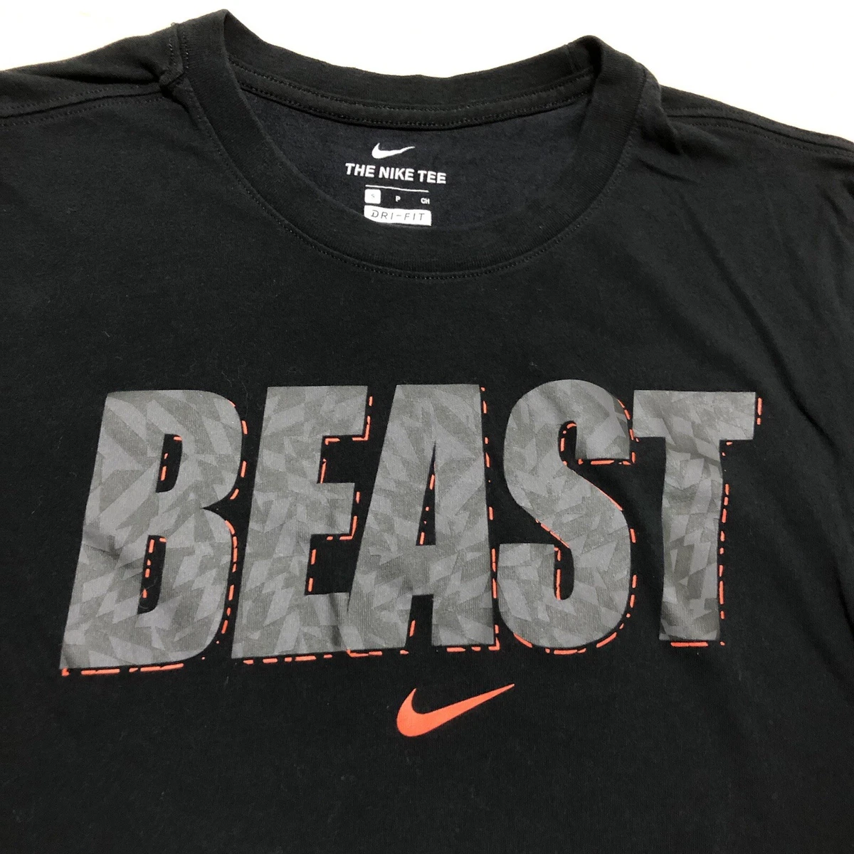 Nike Beast Logo Graphic Black Dri Fit T Shirt Mens Size Small Orange Swoosh Logo