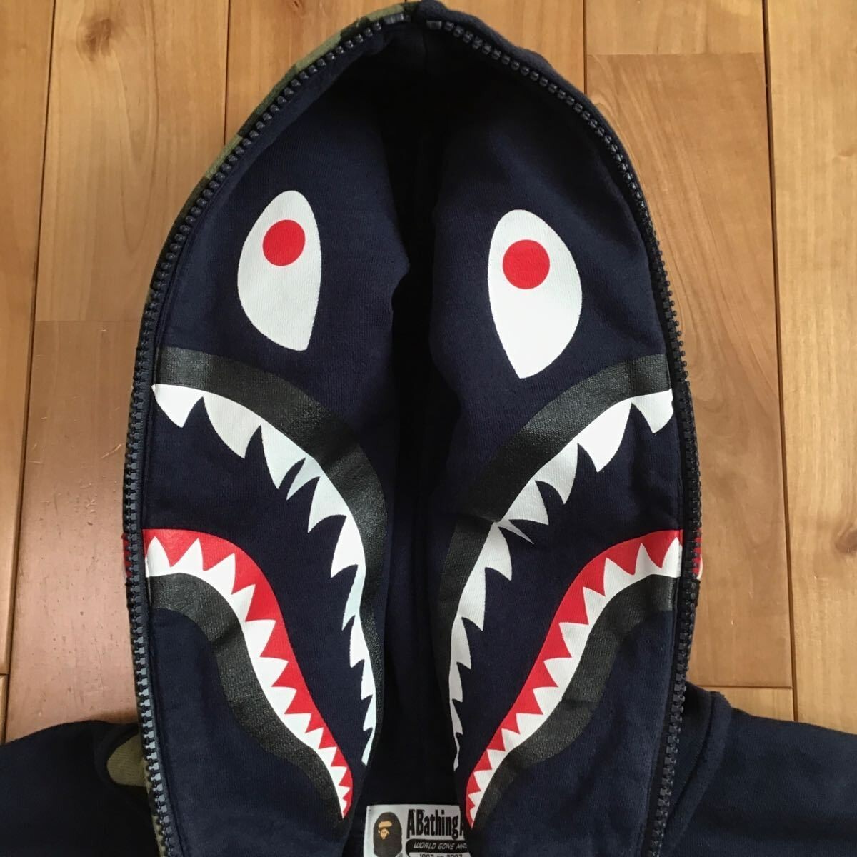 BAPE Giant shark full zip hoodie navy × 1st camo green A Bathing 