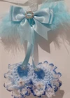 Pram charms**new** Blue booties hand knitted with white lace n beads Feathers