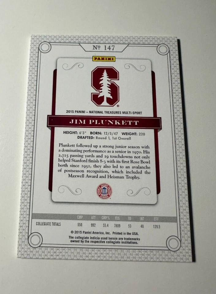 2015 Panini National Treasures Collegiate Jim Plunkett College Legends Black /5 - Image 2 of 2