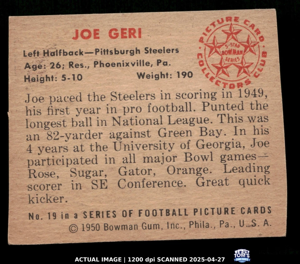 1950 Bowman #19 JOE GERI Pittsburgh Steelers RC VG (trimmed) - Image 2 of 3