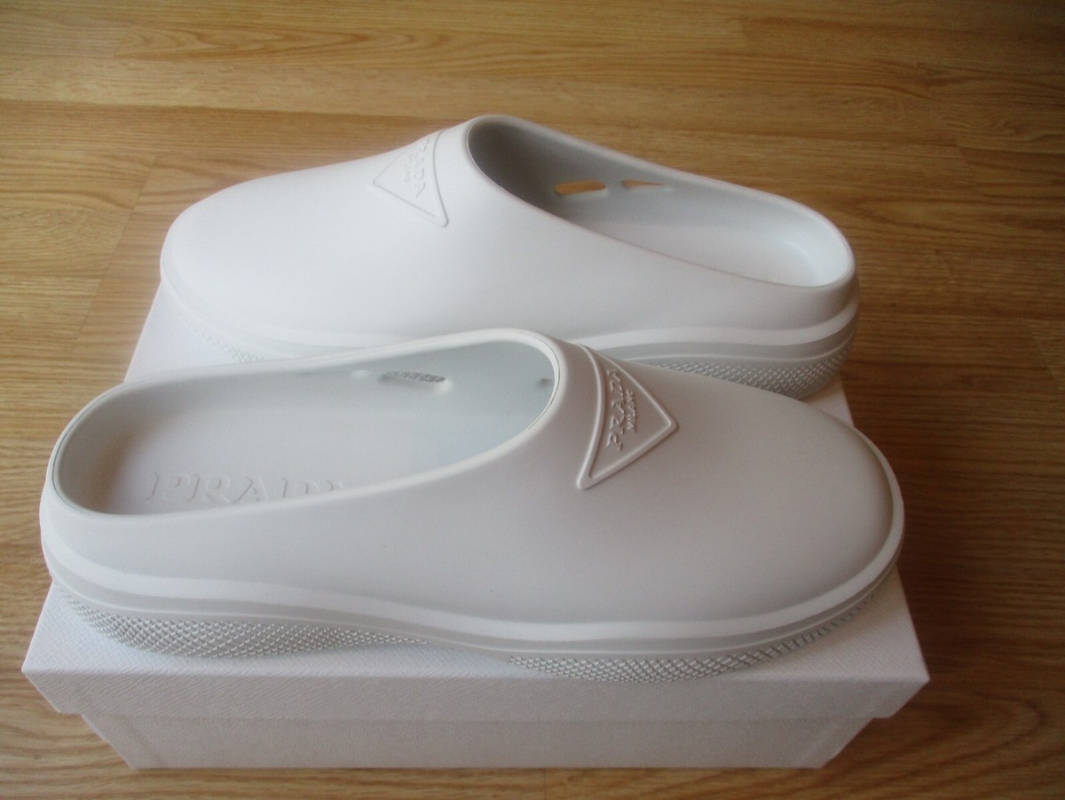 $525 Prada Mellow Rubber Mules Slide Sandals Womens Logo sz 41 US