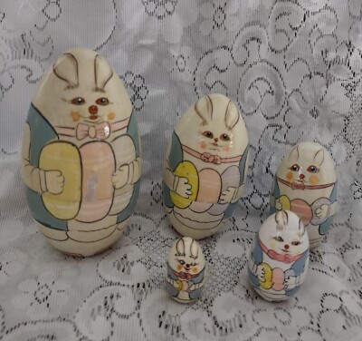 Vintage Wooden Nesting Egg Shaped Easter Bunny Set Of 5 Hand Painted 