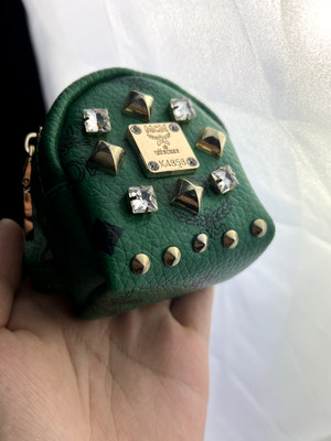 Dark Green Leather Studded MCM Mini Backpack Keychain K4858 Coin Purse