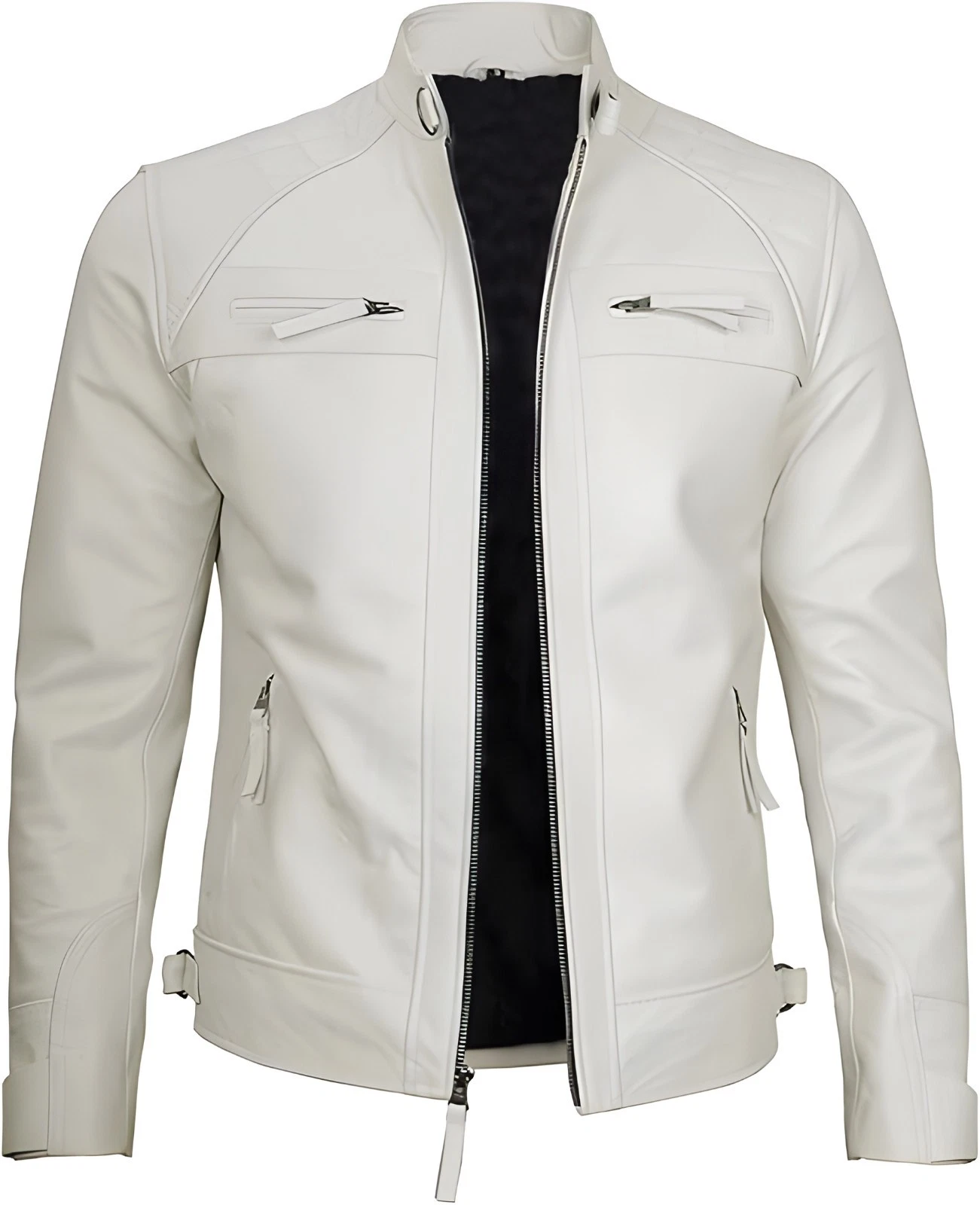 Real Lambskin White Mens Leather Jackets - Quilted Cafe Racer Moto Style