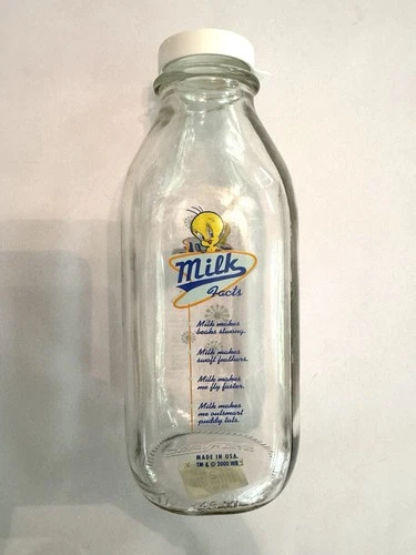 Vtg Looney Tunes Tweety Bird Milk Bottle Top It off 2000 Warner Bro Glass Blue