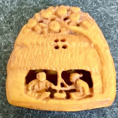 Rare Vintage Japanese Netsuke Hand Carved House Scene Sculpture