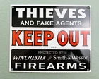 VINTAGE WINCHESTER Smith & Wesson THIEVES KEEP OUT GASOLINE OIL PORCELAIN SIGN