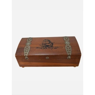 Vintage Wood Box Brass Hardware Sailing Ship Pyrography Hinged Keepsake