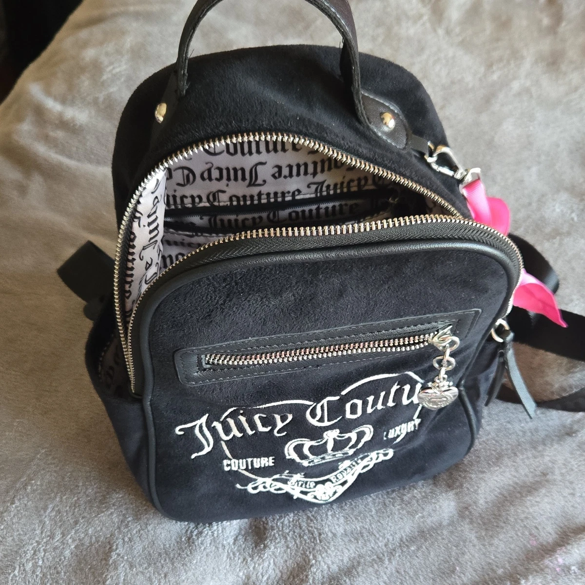 Juicy Couture Black Velour Cap & Matching Itty Bitty Backpack New Black Juicy Couture Backpack Purse Bag Velour – Purse Hut main image 2