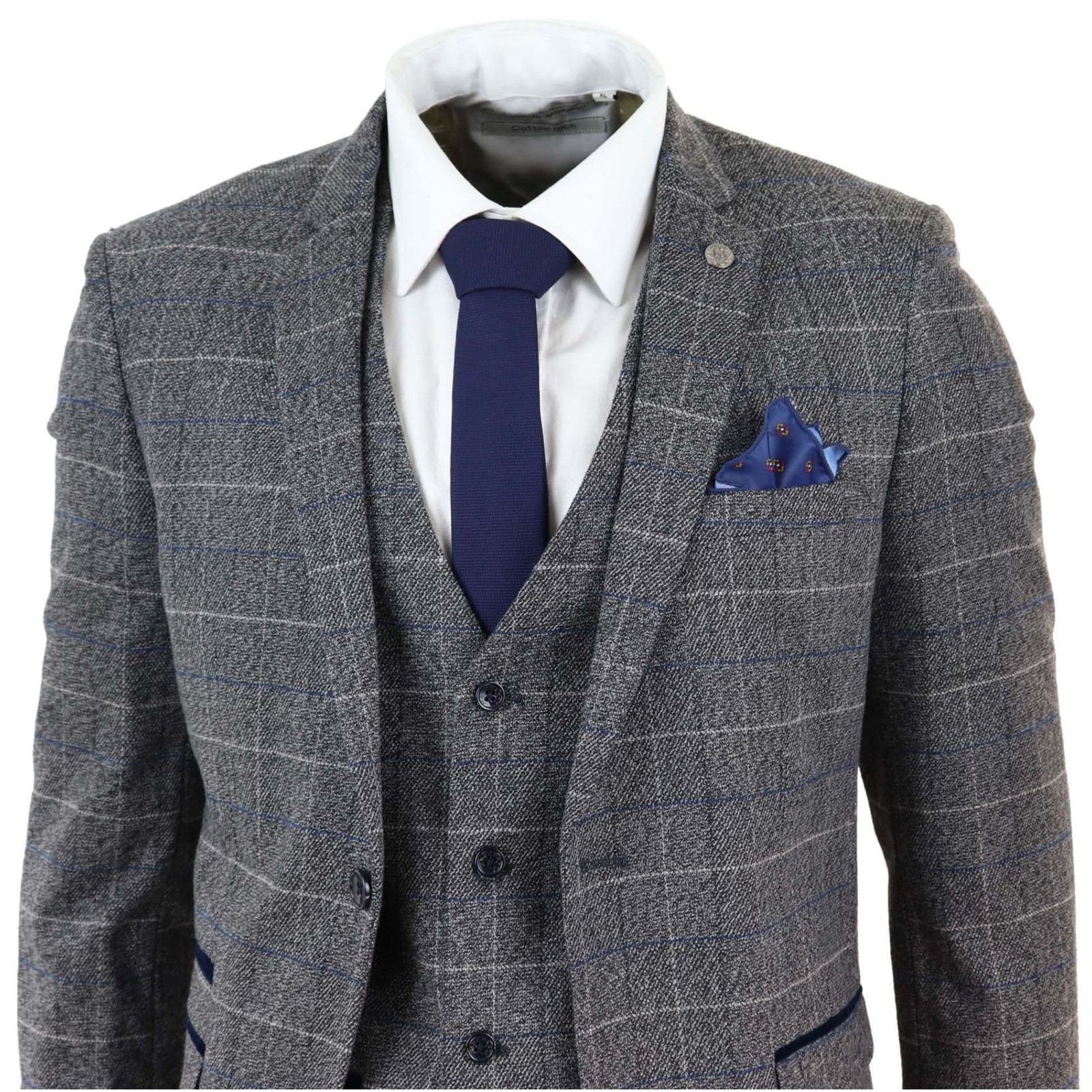 Mens Grey Check 3 Piece Suit Herringbone Tweed Vintage Tailored Fit Blue Velvet image 4