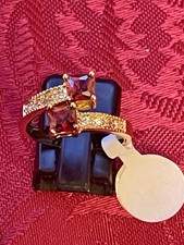 10K Gold Plated Ring US size 8 Uk Q Square Cut Red Stones & Accent Stones In Box