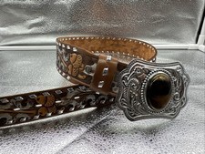 Size 32 Hand Tooled Carved Brown Leather Cowboy Belt Acorn Oak Leaves W/ Buckle