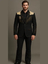 Men's Black 2-Piece Suit Floral Embroidered Western Wedding Prom Slim