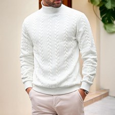 Solid Color Mens Sweater Turtleneck Polyester Fiber Warm Casual Business Wear