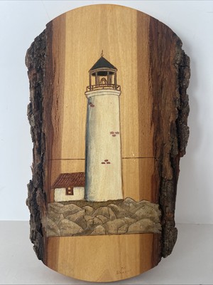Etched Lighthouse Plaque Wood Tree Slice Hand-painted Art Wall Decor 10x5.5x.75 