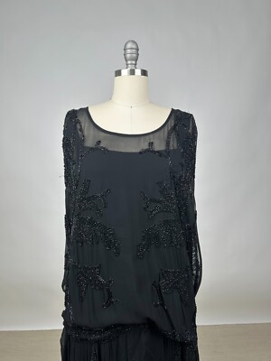 Art Deco 1920s Black Silk Chiffon Glass Beaded Evening Gown Flapper Dress  AS IS | eBay
