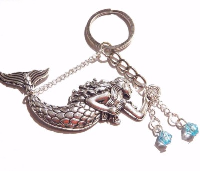 SILVER MERMAID KEY RING blue beaded delicate chain siren nautical magical 4G