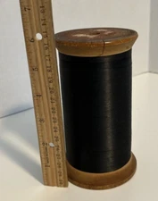 Vintage Very Large 6" Tall Wooden Spool With Black Thread