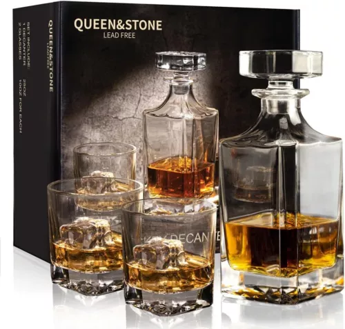 Square 25Oz Whiskey Liquor Decanter Set With 2 Glasses in Box,Decanter Set for