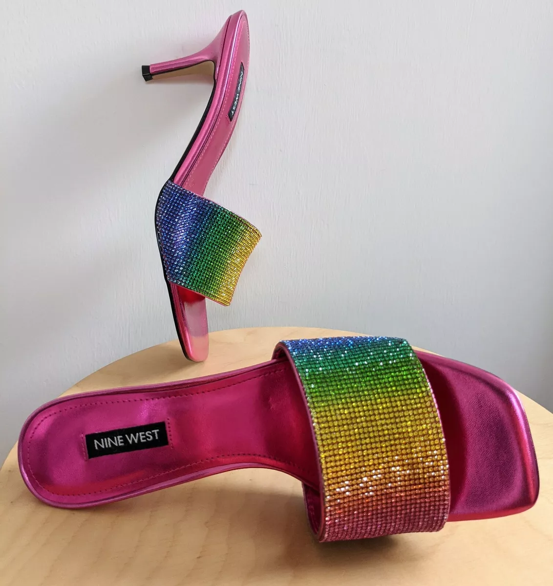 Women s Nine West Donnah Rhinestone Heeled Slide Sandals Size US.8