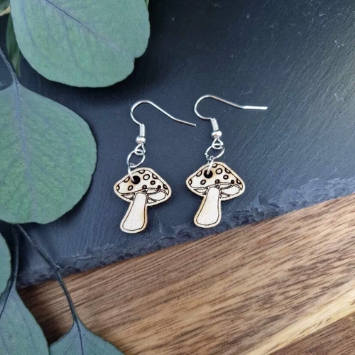 Handmade wood earrings Funky Mushroom Fungi Engraved Design Dangle Hippie