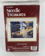 Vtg Needle Treasures PLAYFUL CHIPMUNKS Printed Crewel Embroidery Kit 00602 Open
