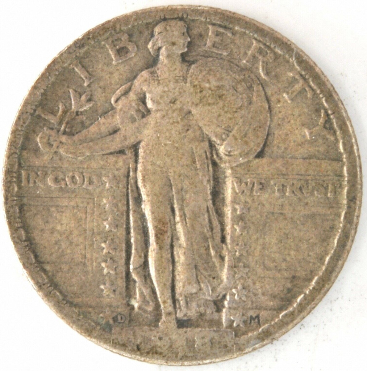 1918 D Standing Liberty Quarter Dollar US 90% Silver 25 Cent Coin