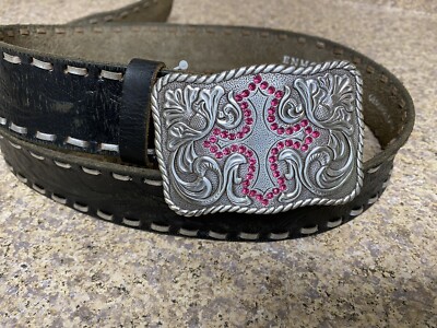 Black Western Embossed Belt With Silver Buckle With Pink Sequin