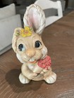 Vintage Easter Bunny Happy Funny Figurine Rabbit Egg Flower 1970s Collectible 5”