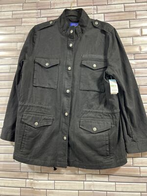 #ad #ad simply styled jacket unlined utility womens L Black Sears zip snap cotton NWT $13.50