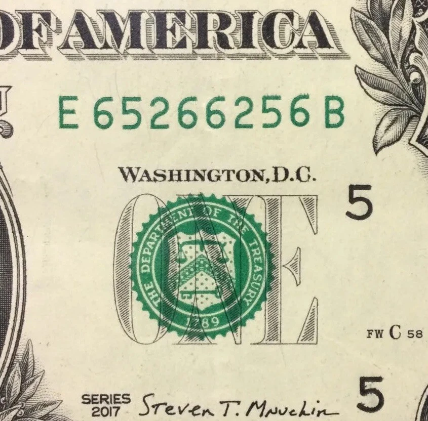 RADAR REPEATER 65266256 E/B 2017 fancy serial number PALINDROME One Dollar Bill - Image 3 of 4