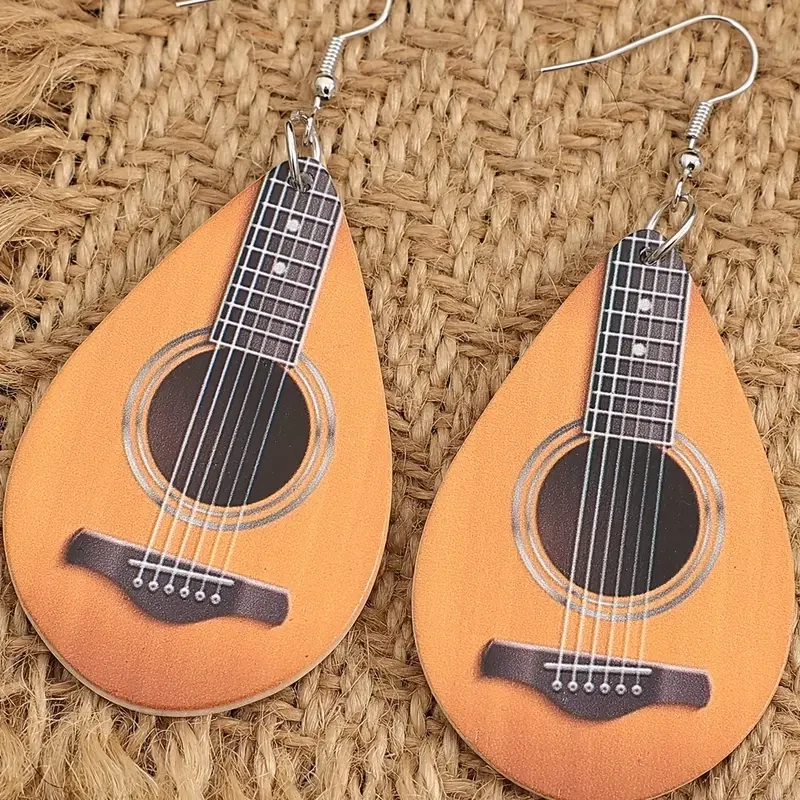 Pendientes colgantes de madera con forma de gota de agua con forma de ukelele elegantes regalos navideños para mujer Foto 3 de 4