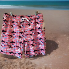 Swim Trunks Pink Shark Print Resort New Multiple Pockets