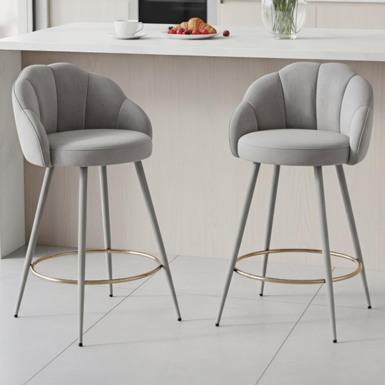 Gray Velvet Bar Stools Set of 2 Modern Kitchen Counter Breakfast Chairs