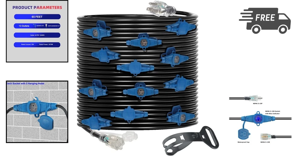 Multi Outlet Extension Cord 65 Feet 12 Gauge 13 Outlets Listed Indoor Outdoor - Image 2 of 4