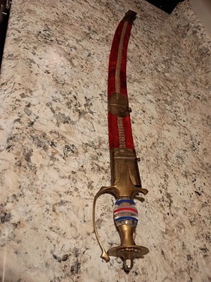 Curved Sabre Sword w/ Scabbard Brass Hilt Steel Blade Red/White/Blue Wrap