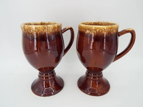 Pair of Vintage Hull Pottery Brown Drip Glaze Irish Coffee Pedestal Mugs