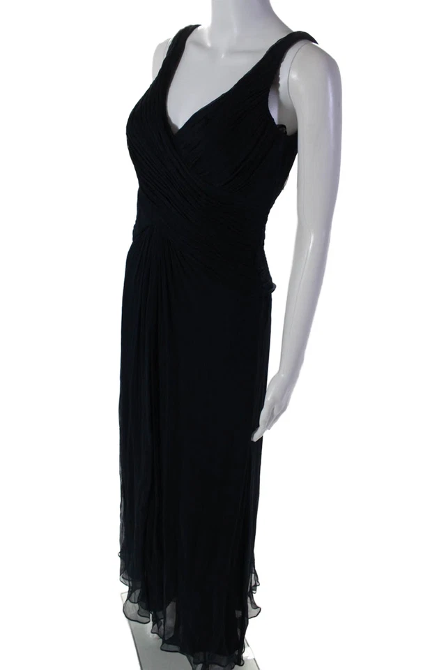 Vestido Tadashi para mujer de seda azul marino detalle drapeado cuello en V sin mangas talla 2 Foto 2 de 4
