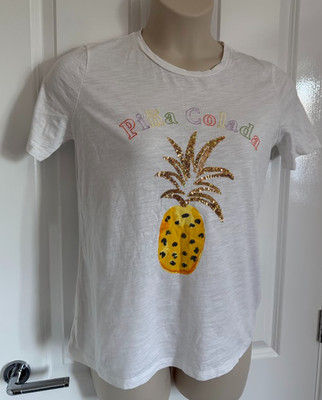 Tu Damen Piña Colada T-Shirt Größe 12 weiß 100 % Baumwolle Pailletten Ananas Sommer