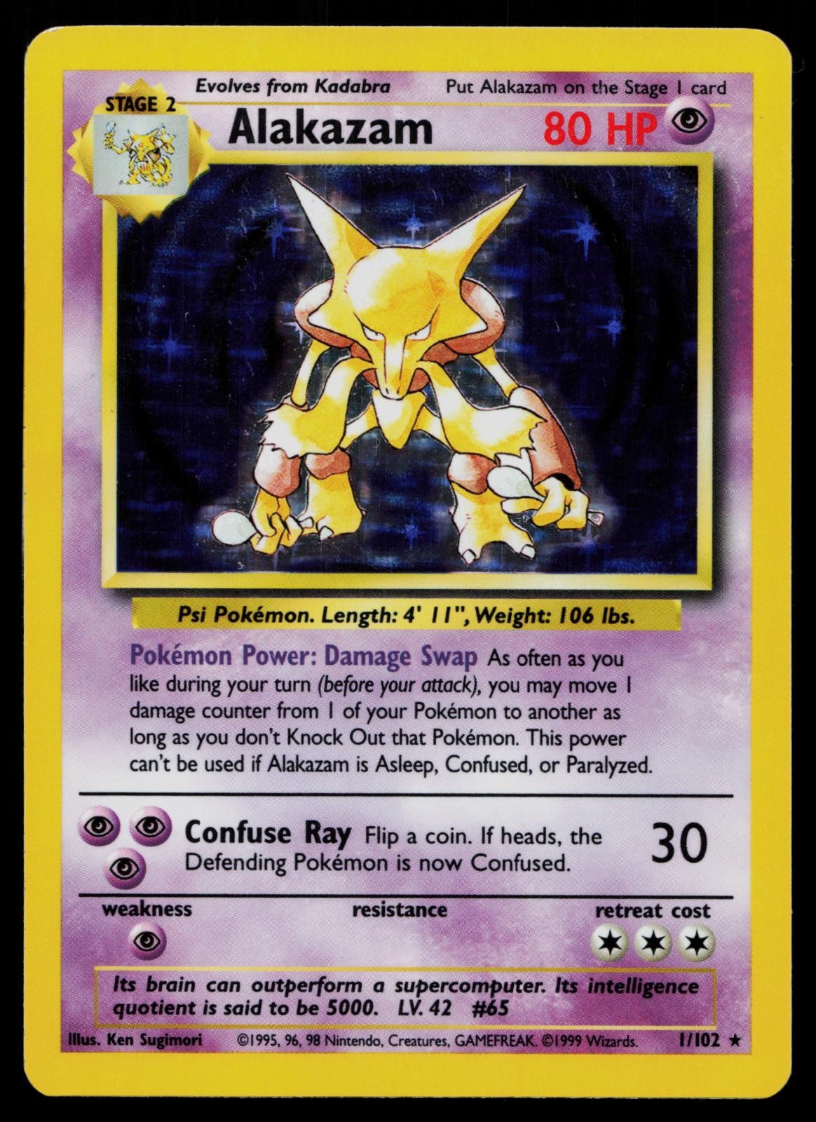 ALAKAZAM 1/102 HOLO HOLO RARE BASE SET UNLIMITED POKEMON MP