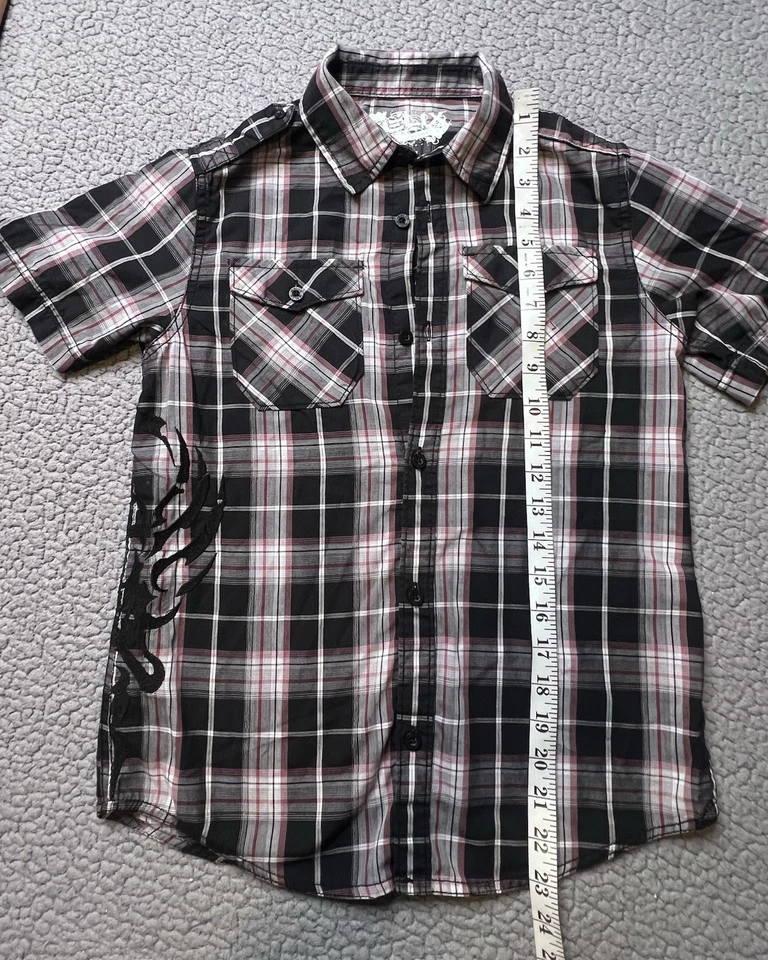 Camisa de manga corta Helix a cuadros con botones gris y negra para niños pequeños talla mediana  Foto 3 de 4