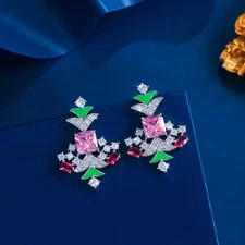 Women Silver Plated Cubic Zirconia Christmas Tree Dangle Drop Earrings for Party