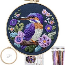 Embroidery Kit for Beginners, Birds with Flowers Pre-Stamped Pattern Purple 2