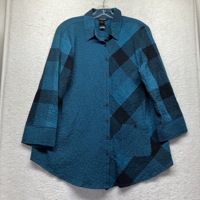 Ali Miles Womens Size M Blue 3/4 Sleeve Button Up Blouse Top (V3)