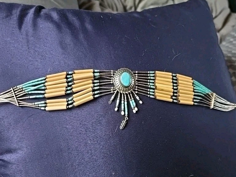 NAVAJO 925 Silver - VTG Turquoise Liquid Silver Chain Choker Necklace Sterling